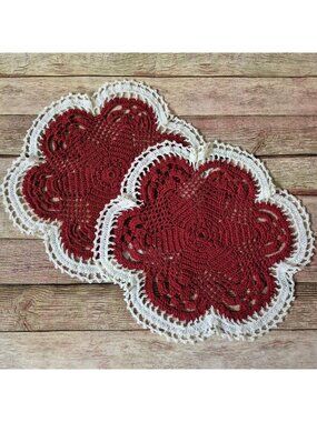 Vintage Crochet Doilies Lot of 2 Burgundy Red Ivory Floral Lace 12" Cottagecore